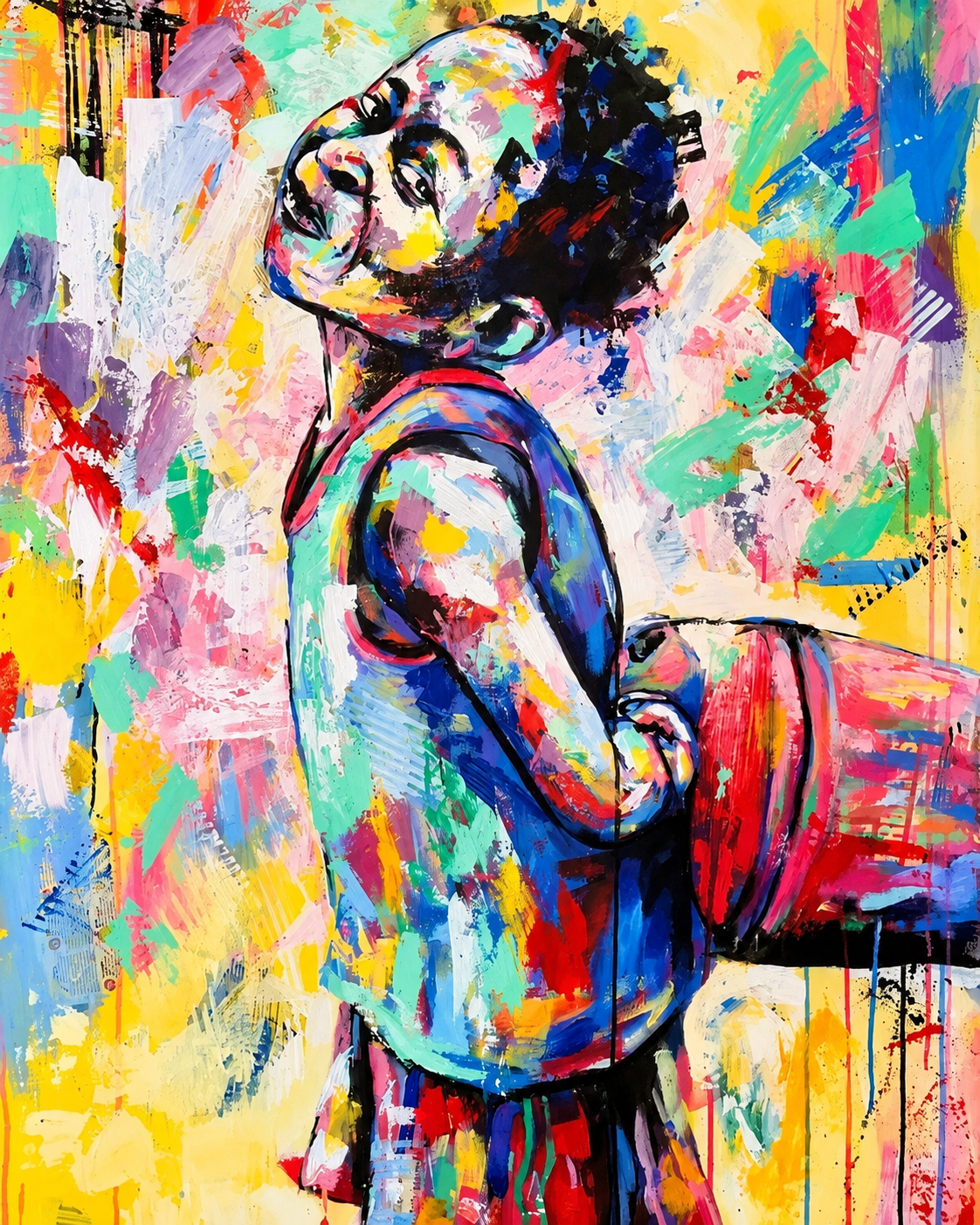 Justice Mathonsi original artwork depicting a colourful child holding a basketball against an expressive abstract background