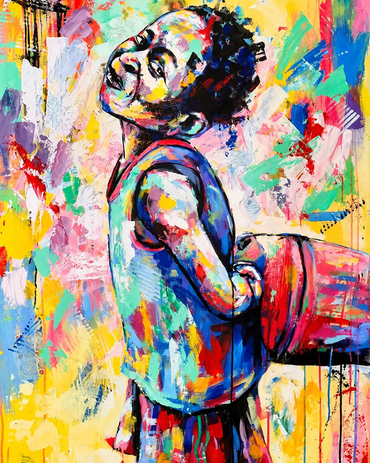 Justice Mathonsi original artwork depicting a colourful child holding a basketball against an expressive abstract background