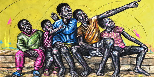 Friends original mixed medium group figurative artwork by Justice Mathonsi on artist paper