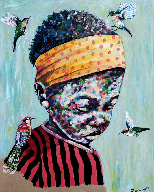 Innocence in Bloom original mixed medium child portrait with birds artwork by Justice Mathonsi on artist paper