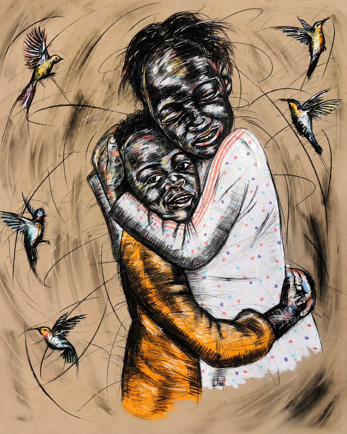 Love One Another original mixed medium figurative artwork by Justice Mathonsi depicting a loving embrace with birds