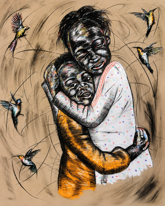 Love One Another original mixed medium figurative artwork by Justice Mathonsi depicting a loving embrace with birds