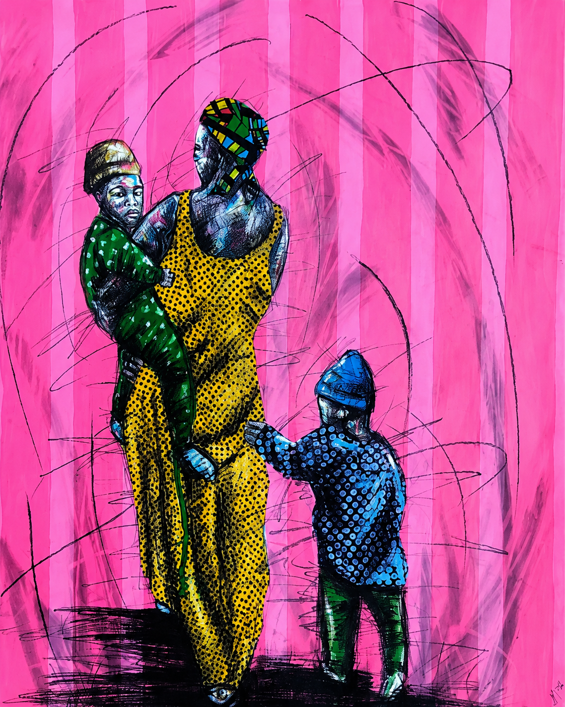 Mutswari I Rimintsu original mixed medium mother and children artwork by Justice Mathonsi on artist paper