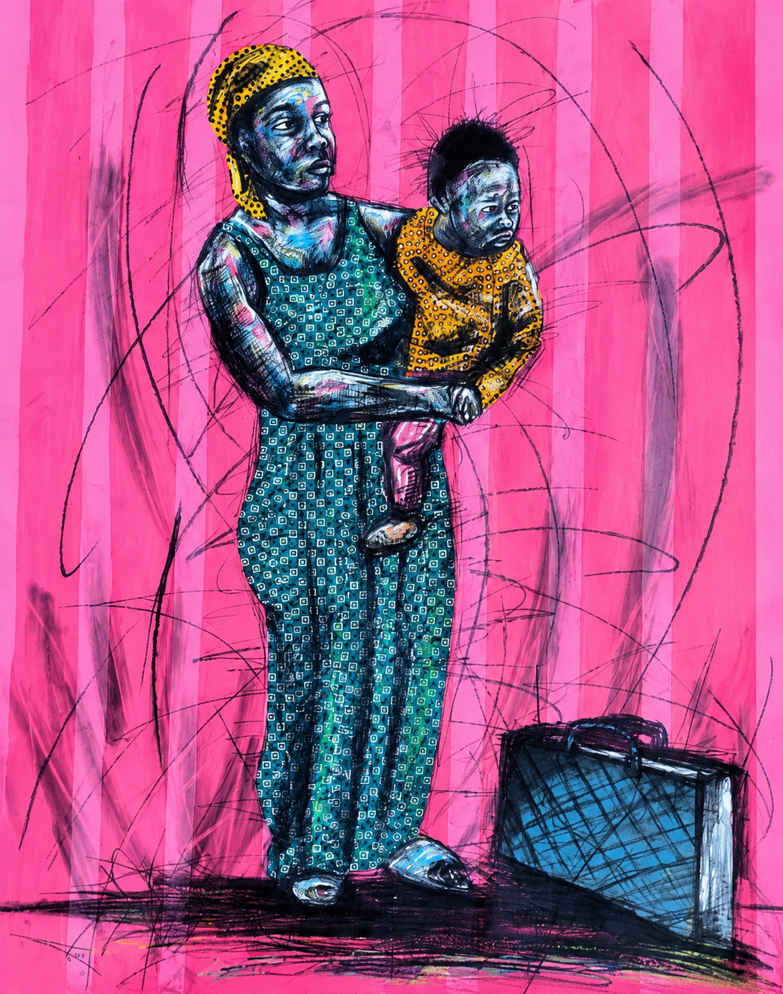 Rendzo Ra Mutswari original mixed medium mother and child artwork by Justice Mathonsi on artist paper
