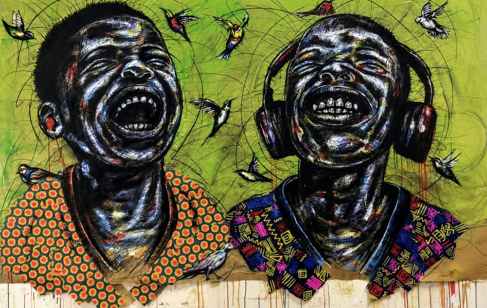 Shared Joy original mixed medium figurative artwork by Justice Mathonsi depicting two joyful figures surrounded by birds