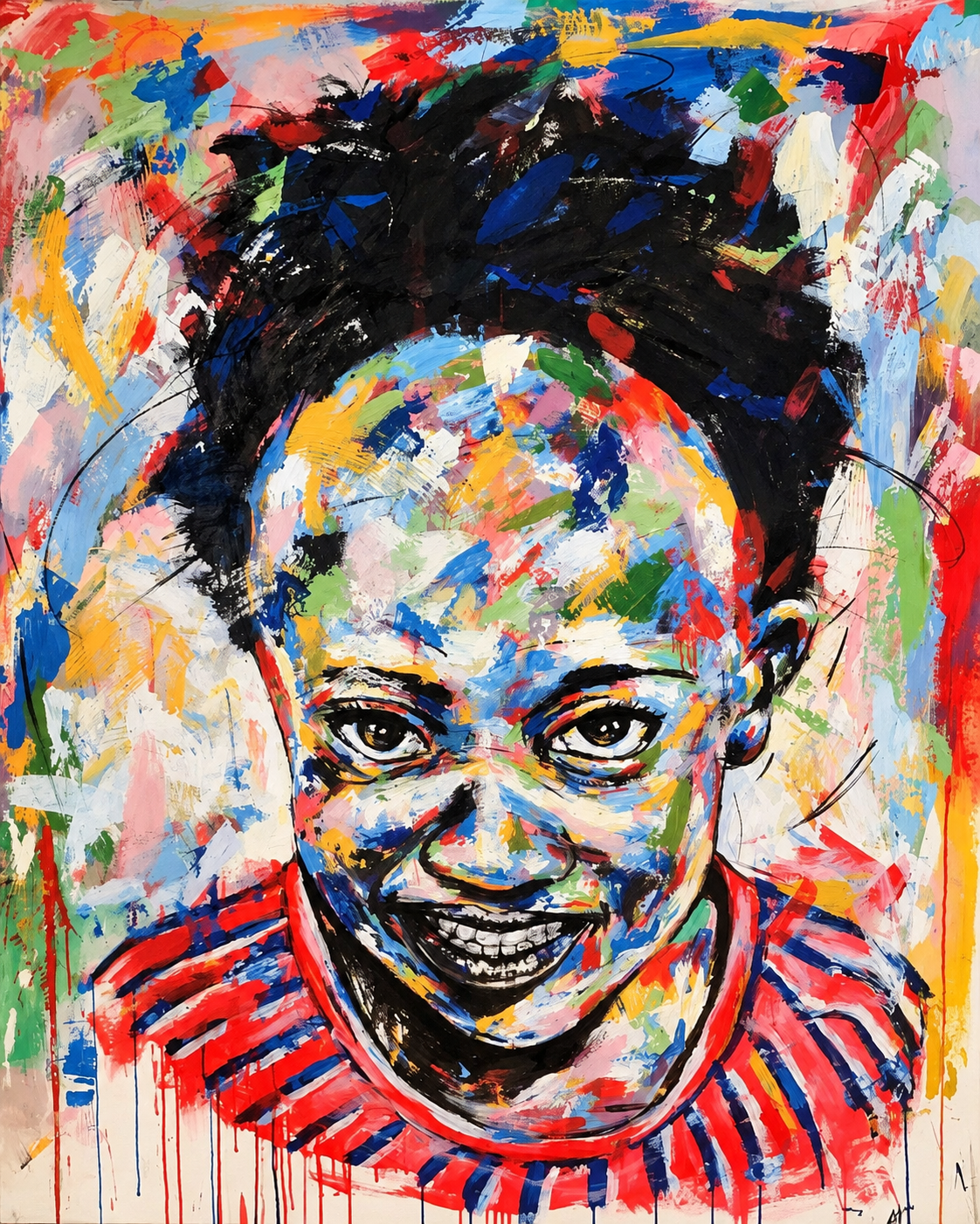 Justice Mathonsi original artwork featuring a smiling child surrounded by vibrant expressive multicoloured brushwork