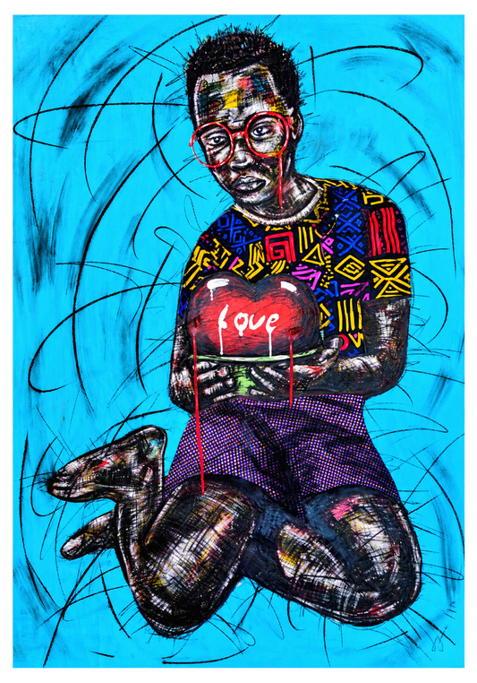 Thinking of You original mixed medium figurative artwork by Justice Mathonsi featuring a seated figure holding a heart