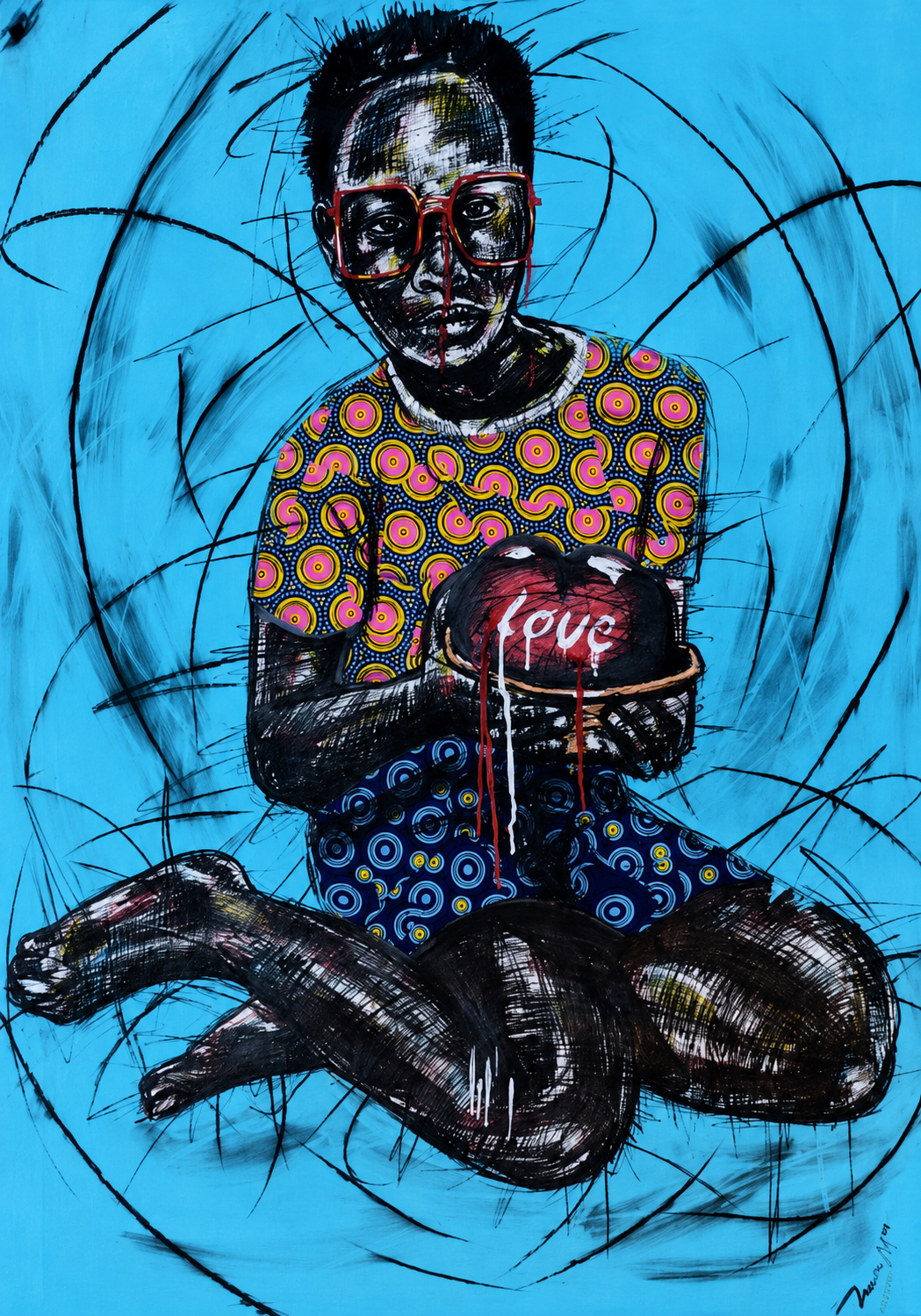 Will Die Together original mixed medium figurative artwork by Justice Mathonsi depicting a seated figure holding a heart