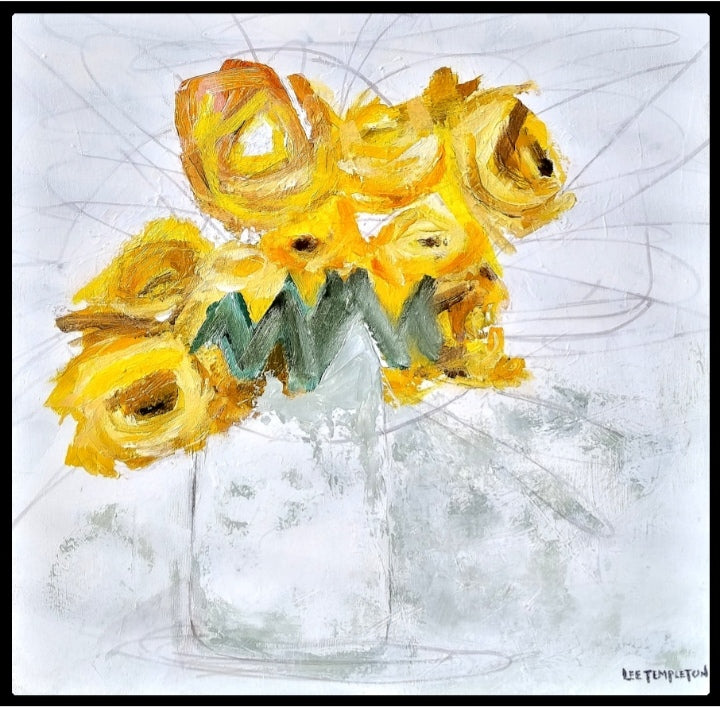 Yellow Flowers by Lee Templeton, an original oil painting featuring golden yellow flowers with warm orange and muted green tones.