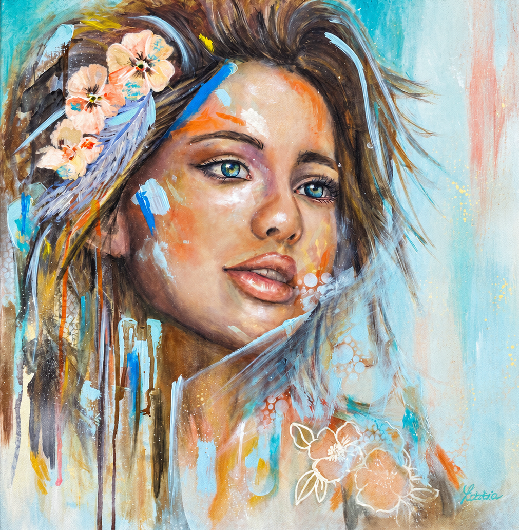 Letitia van der Merwe original artwork featuring a woman with blue-green eyes, peach flowers and expressive turquoise brushwork