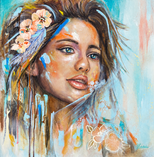 Letitia van der Merwe original artwork featuring a woman with blue-green eyes, peach flowers and expressive turquoise brushwork