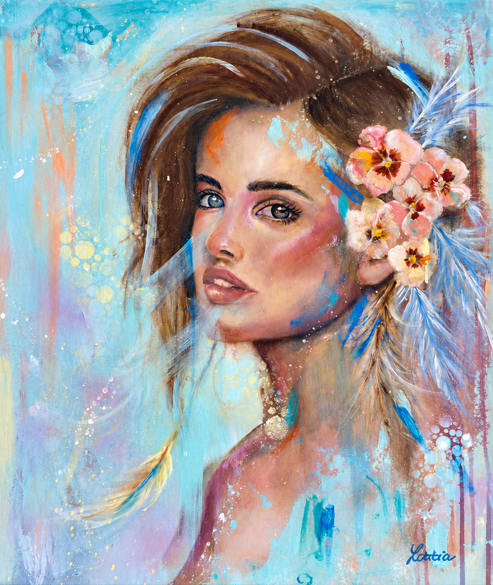 Letitia van der Merwe original artwork depicting a woman with flowing brown hair, pink flowers and blue feather details against turquoise