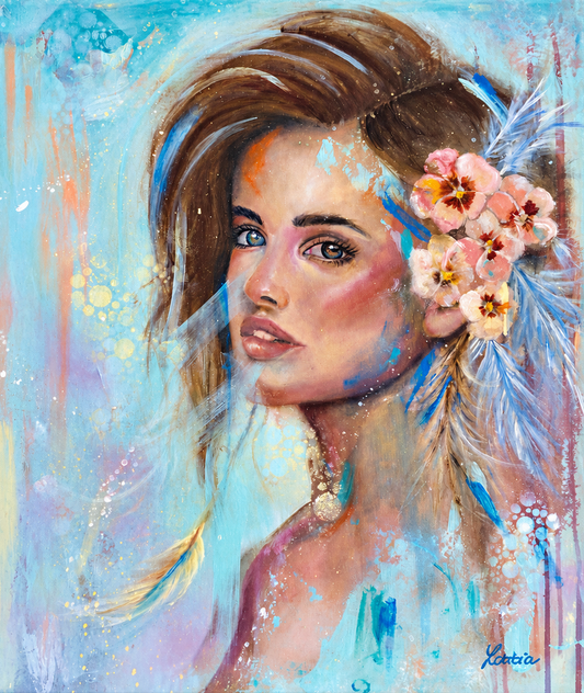 Letitia van der Merwe original artwork depicting a woman with flowing brown hair, pink flowers and blue feather details against turquoise