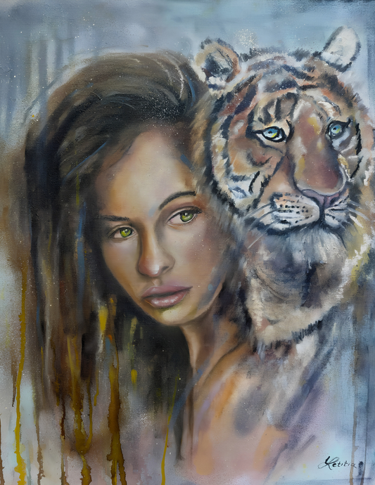 Letitia van der Merwe mixed media artwork on stretched canvas depicting a woman beside a tiger with striking green eyes and expressive layered detail