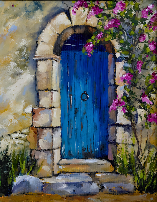 Mary Mincher original oil painting on mounted canvas depicting a rustic blue door set within a stone archway, framed by flowering bougainvillea