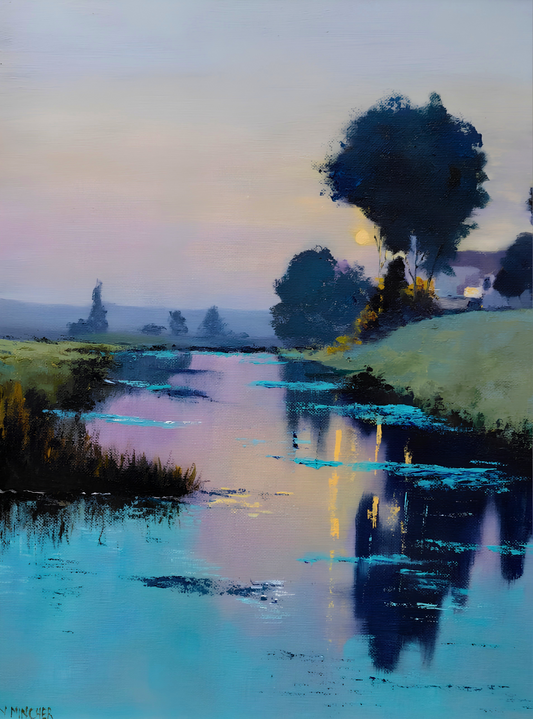 Mary Mincher original oil painting on mounted canvas depicting a tranquil river landscape at dusk with trees, distant cottages and soft reflections across the water