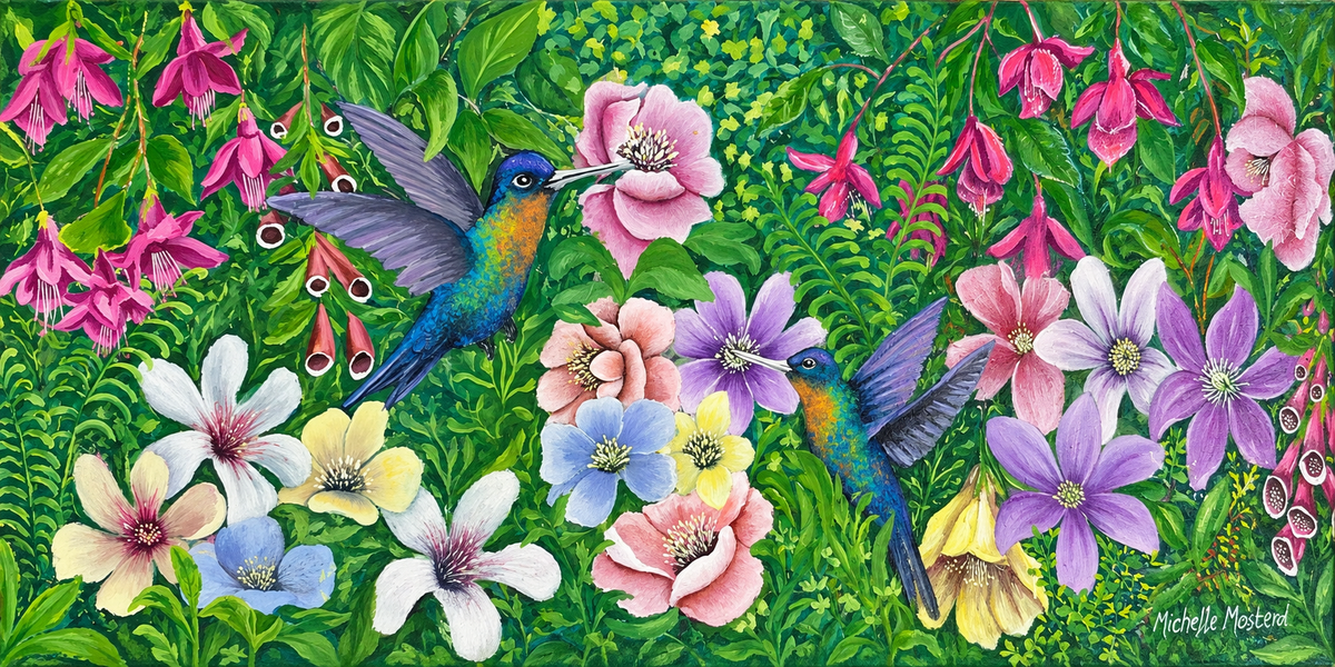 Michelle Mosterd original artwork depicting two colourful hummingbirds surrounded by lush green foliage and vibrant garden flowers