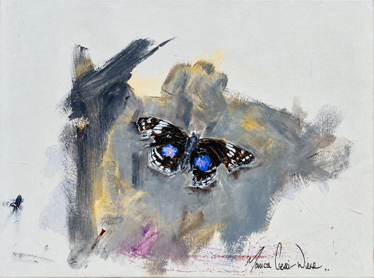 Monica Cserei original oil painting featuring a black and blue butterfly resting against a textured grey abstract stone background