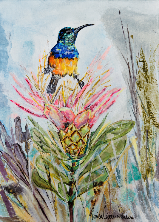 Monica Cserei original oil painting of a colourful sunbird perched on a pink flowering plant surrounded by expressive botanical details