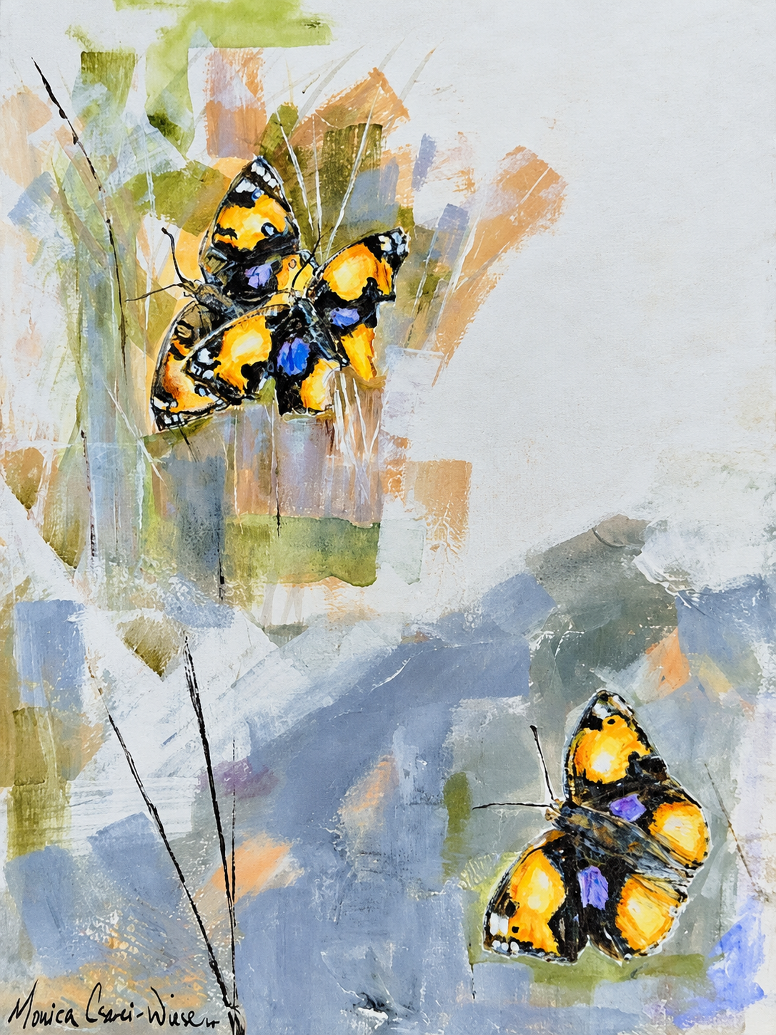 Monica Cserei original acrylic painting featuring yellow and black butterflies surrounded by abstract blue, grey and earthy botanical textures