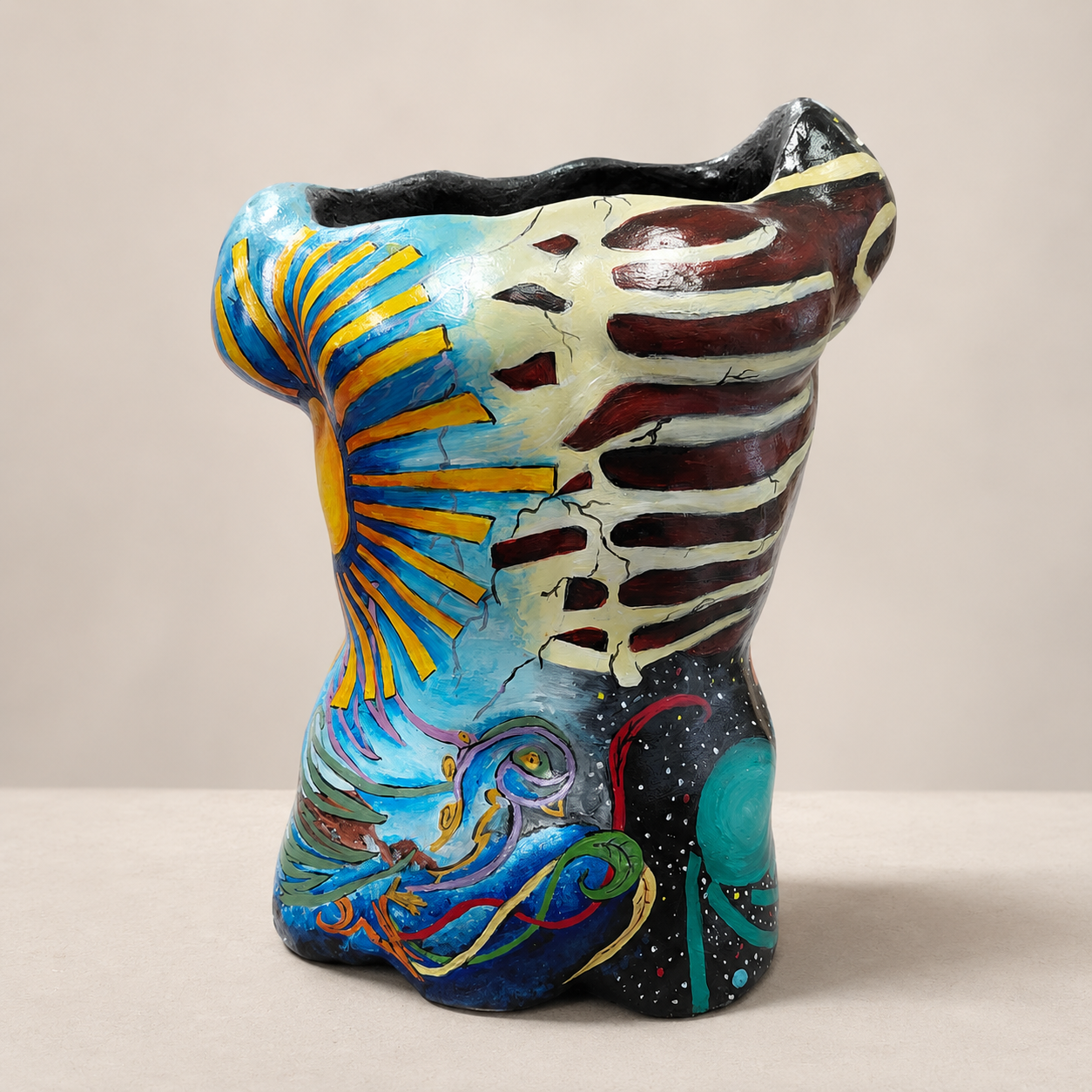 Handcrafted Aztec-Inspired Ceramic Torso Vase photographed on a warm beige studio background