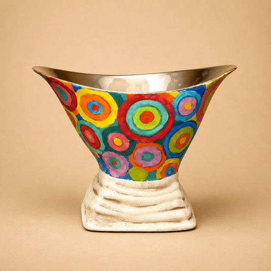 Handcrafted Multicolour Circle Pedestal Ceramic Bowl photographed on a warm beige studio background