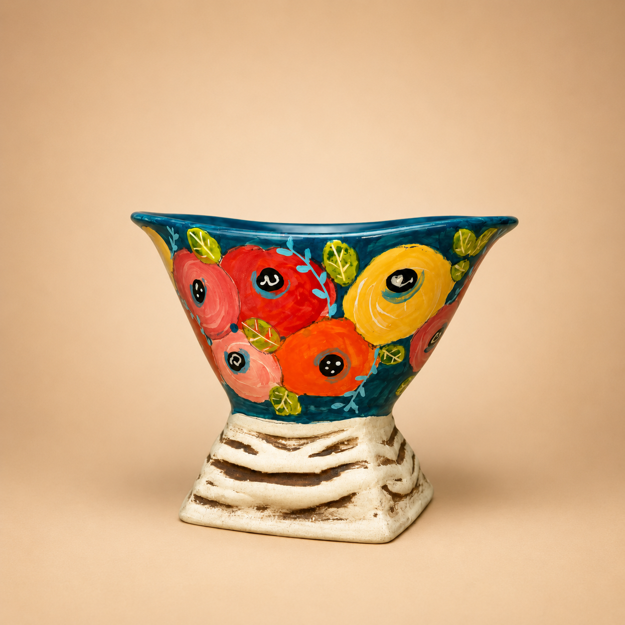 Handcrafted Multicolour Floral Pedestal Ceramic Bowl photographed on a warm beige studio background