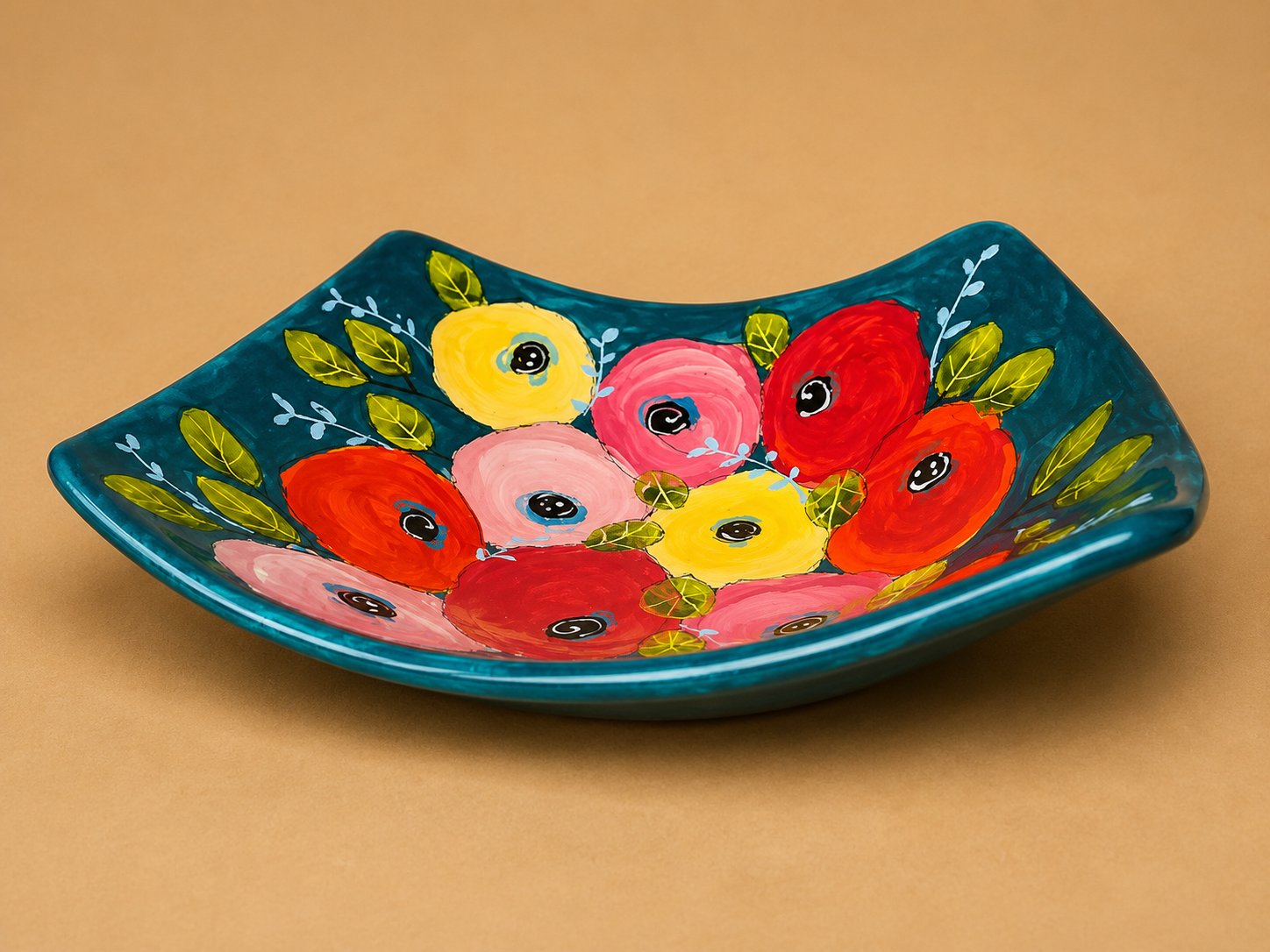 Handcrafted Multicolour Floral Square Ceramic Bowl photographed on a warm beige studio background