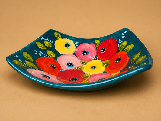 Handcrafted Multicolour Floral Square Ceramic Bowl photographed on a warm beige studio background