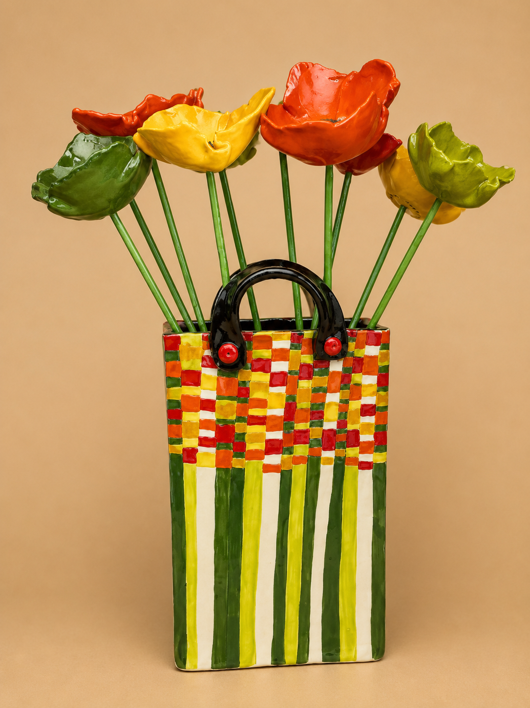 Handcrafted Ceramic Tulip Arrangement in Striped Vase photographed on a warm beige studio background