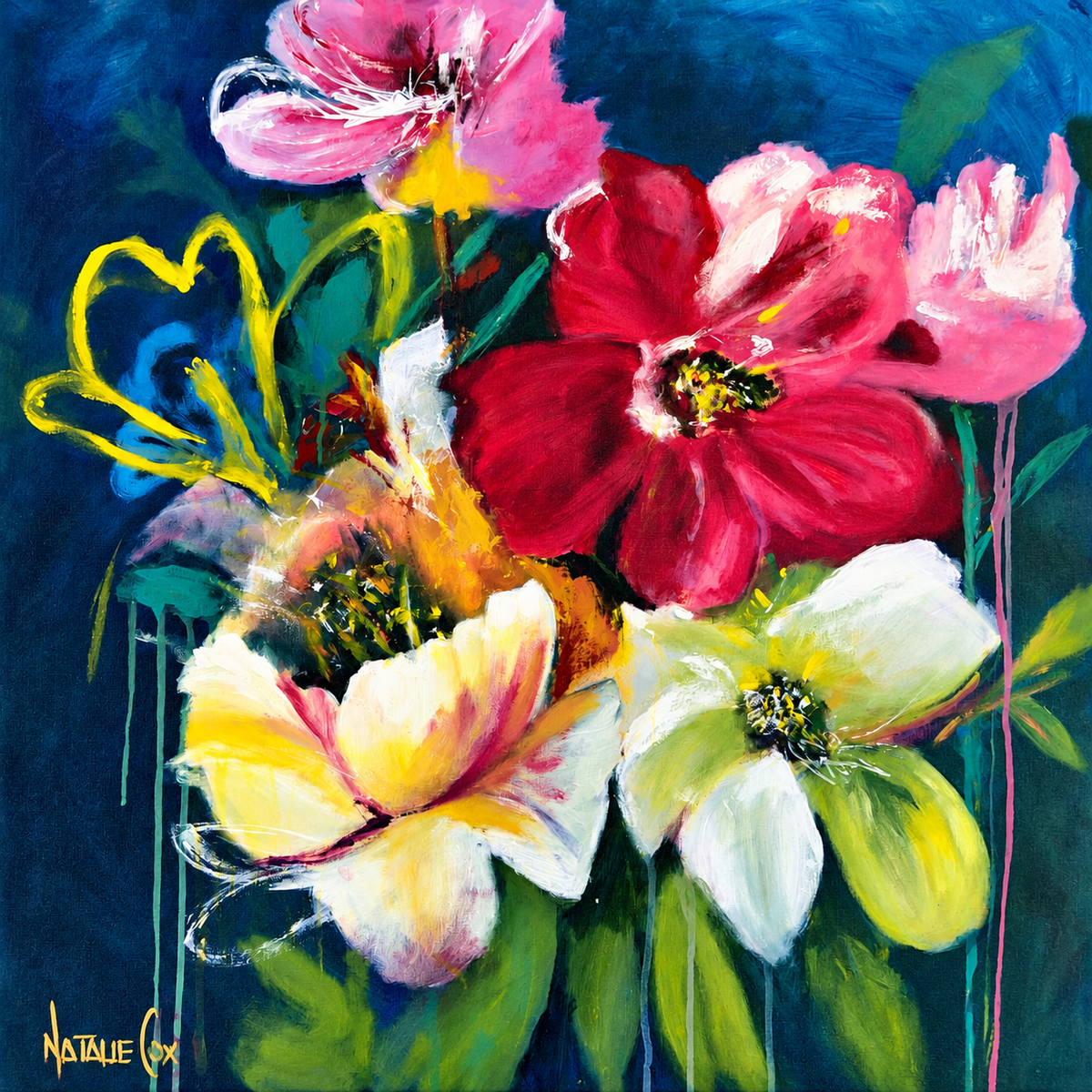 Natalie Cox original acrylic painting featuring vibrant red, pink, yellow and white tropical-style flowers against a deep blue background