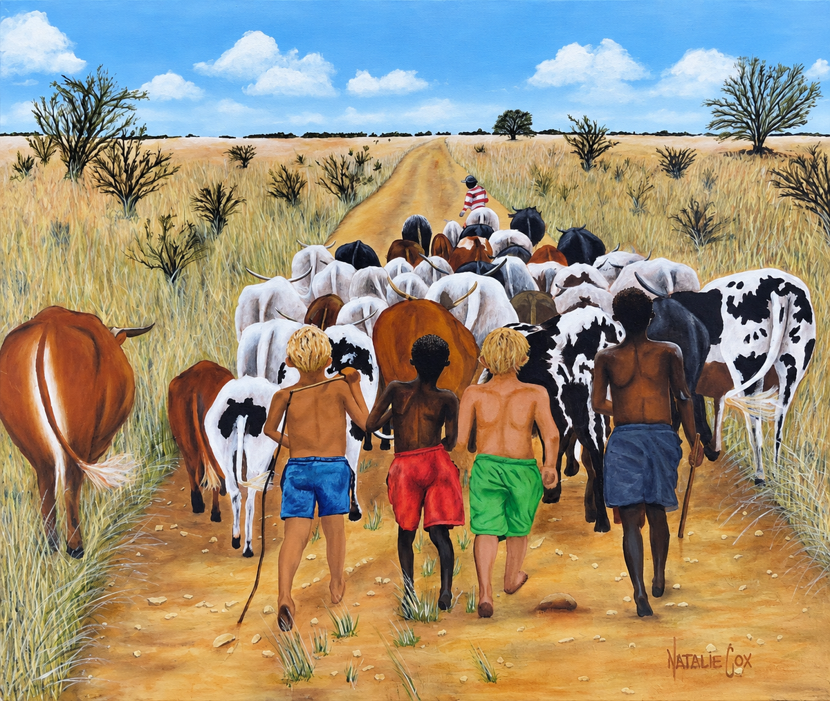 Natalie Cox original acrylic painting of young cattle herders walking behind a herd of cattle along a dusty road in a golden African landscape