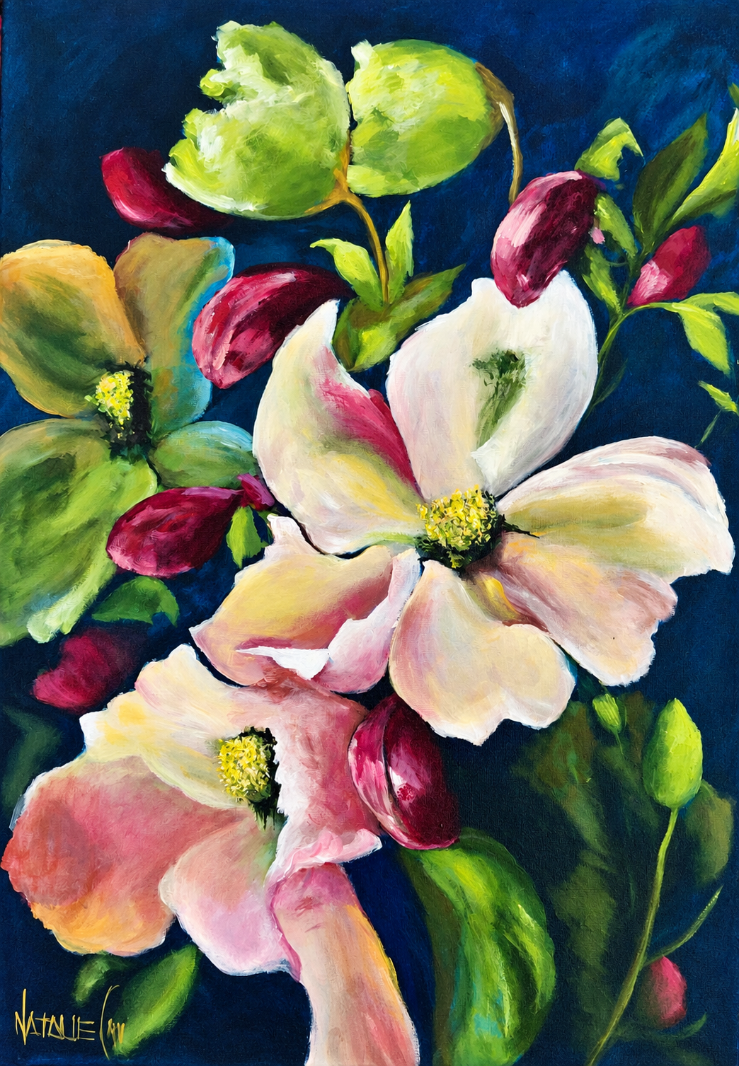 Natalie Cox original acrylic painting of large pink and cream flowers with green foliage against a deep navy blue background