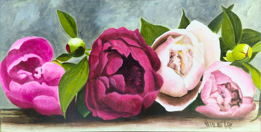 Natalie Cox original acrylic painting of pink, burgundy and ivory peony-like flowers with green foliage against a pale background