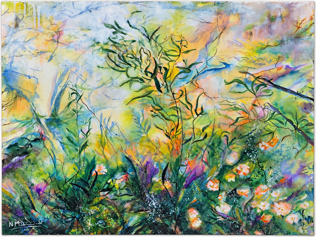 Nikki McDiarmid original artwork depicting an expressive wild garden with layered flowers, foliage and botanical forms in green, blue, yellow and violet