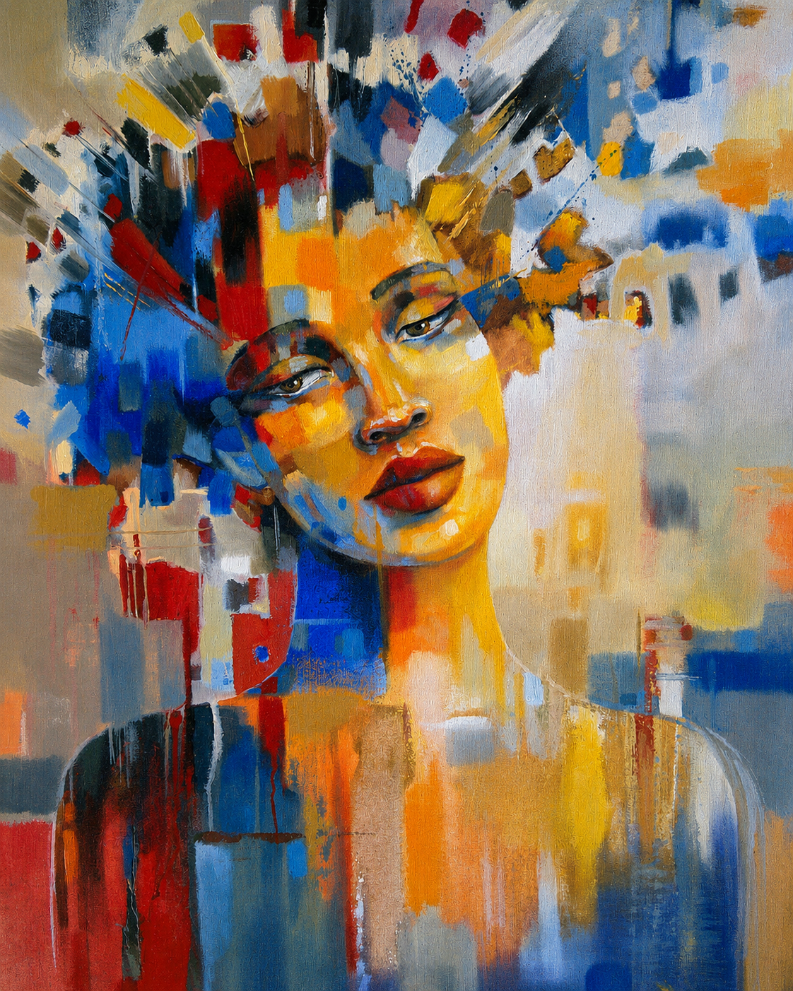 Penelope Hunter original acrylic painting on stretched canvas depicting a woman emerging through vibrant blue, red, orange and golden abstract colour