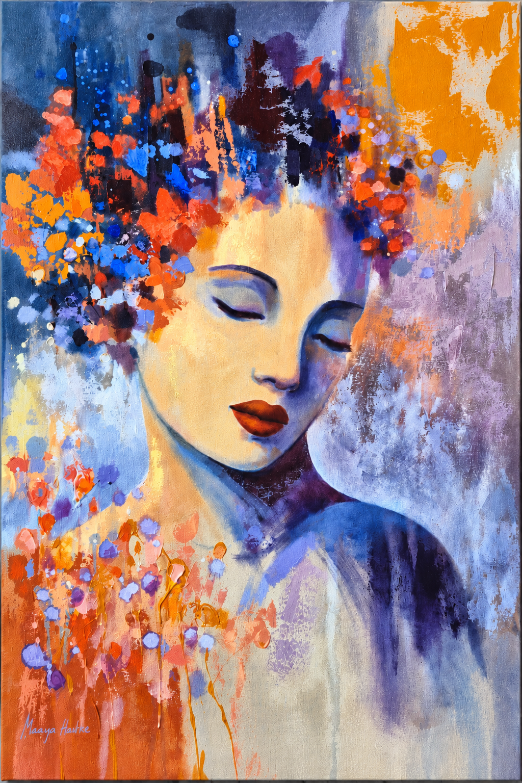 Penelope Hunter original painting on stretched canvas depicting a serene woman with closed eyes surrounded by vivid blue, orange and floral abstraction
