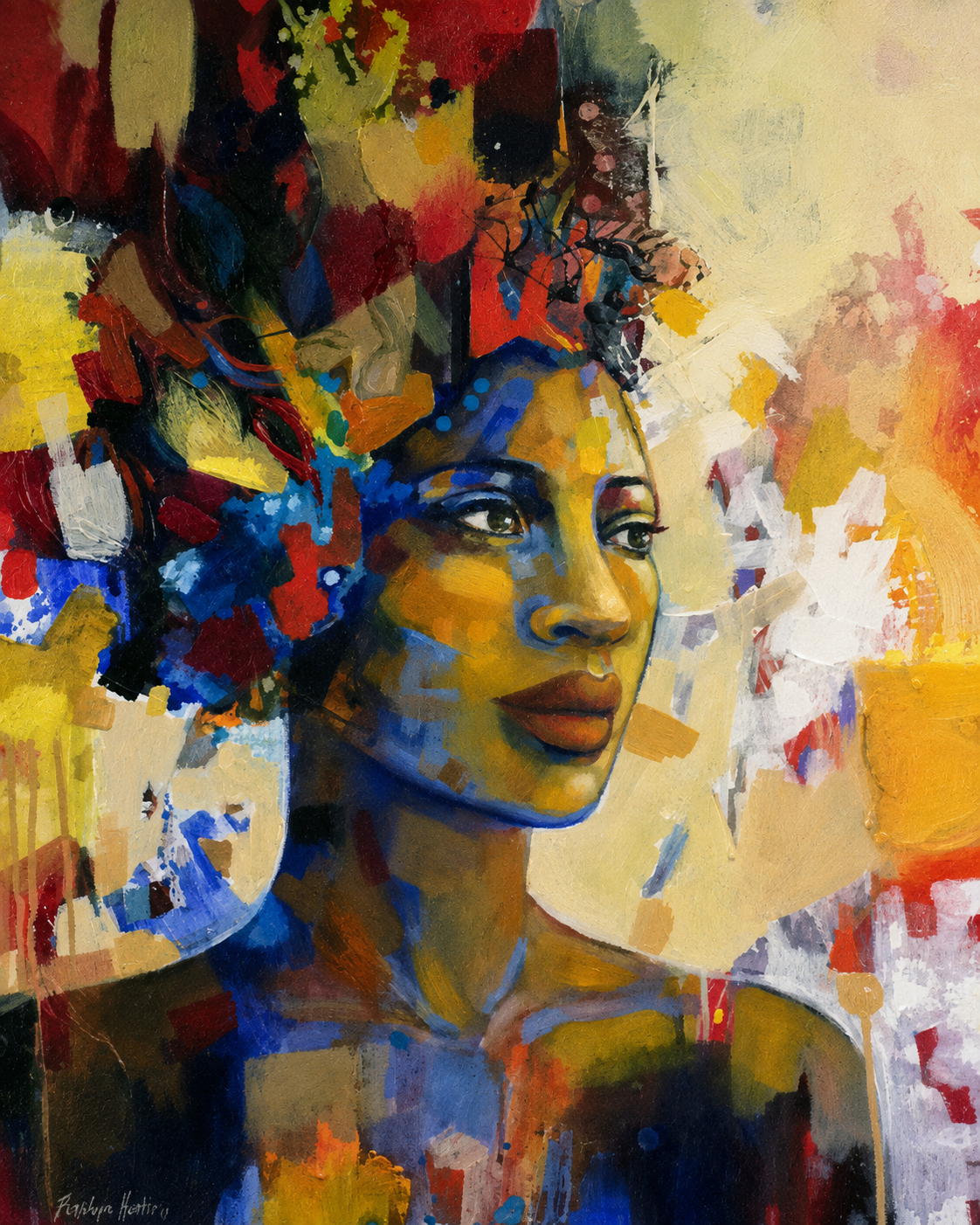 Penelope Hunter original acrylic painting on stretched canvas depicting a poised woman wearing a richly coloured abstract headwrap