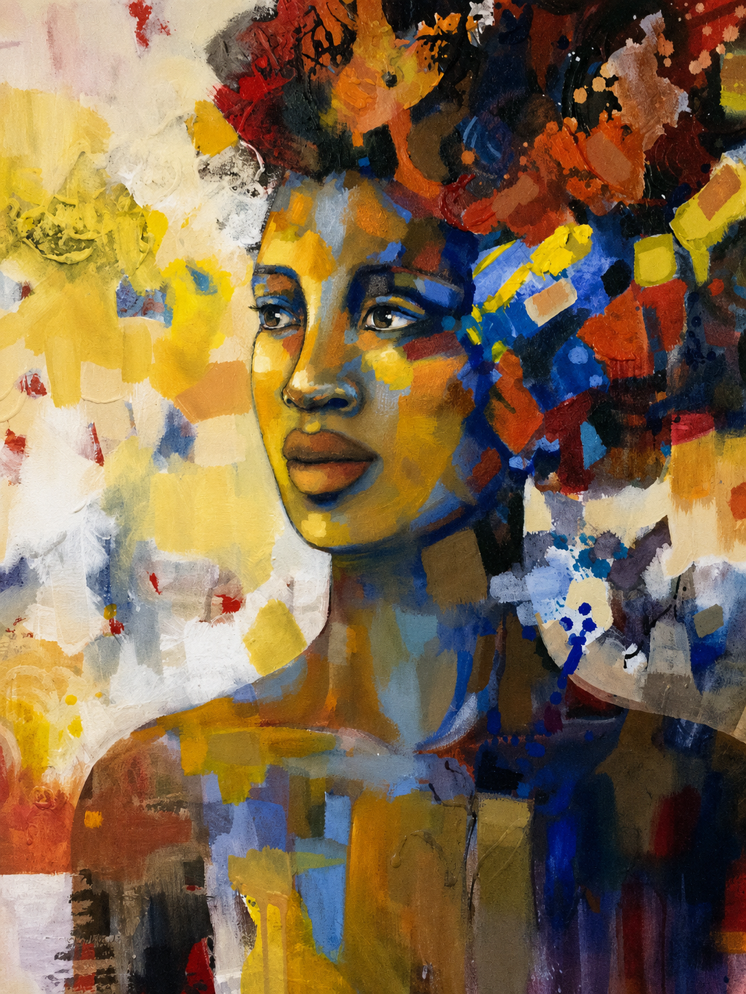 Penelope Hunter original acrylic painting on stretched canvas depicting a woman with an elaborate colourful floral hairstyle