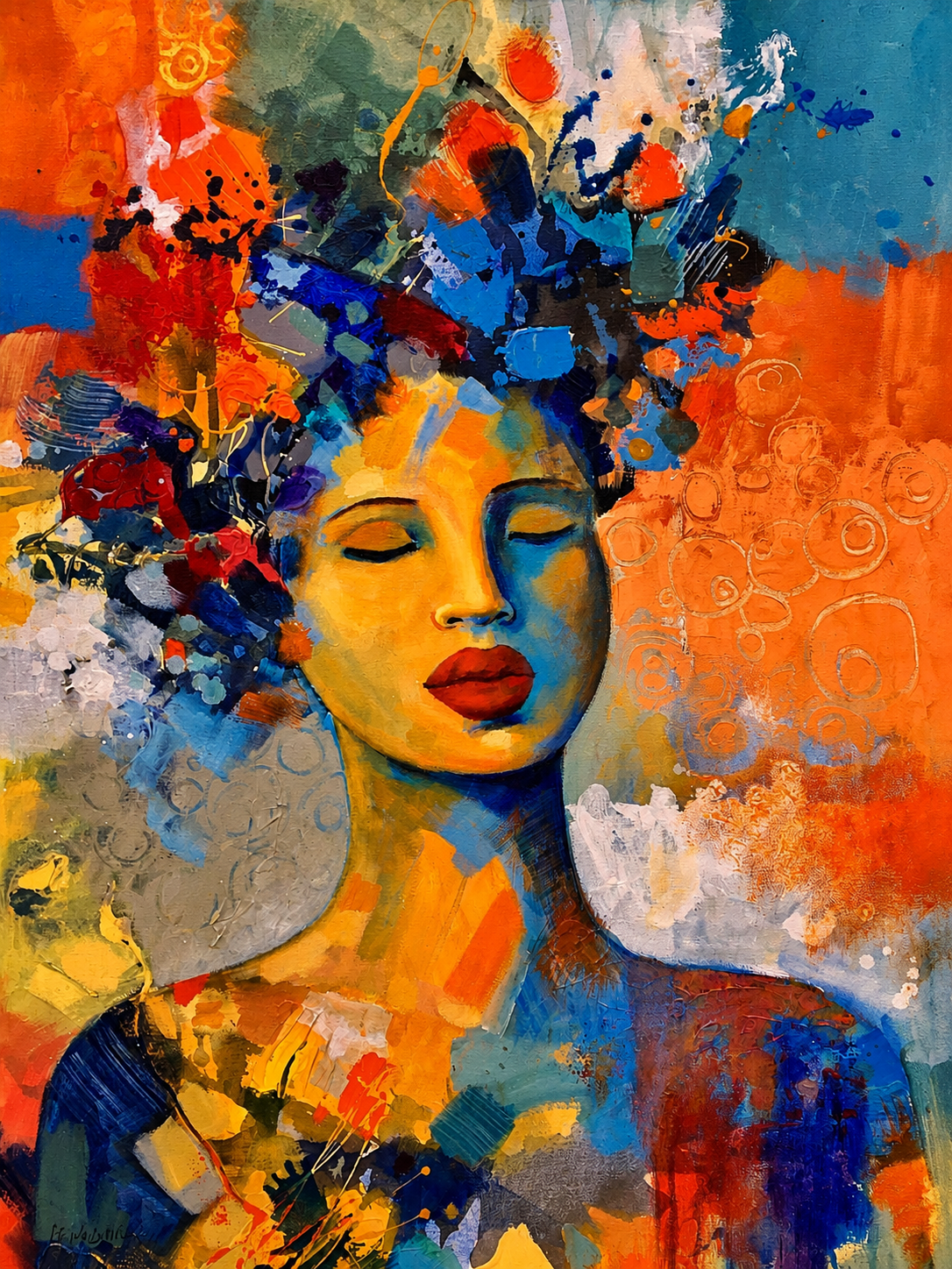 Penelope Hunter original acrylic painting on stretched canvas depicting a serene woman with closed eyes wearing a colourful floral headpiece