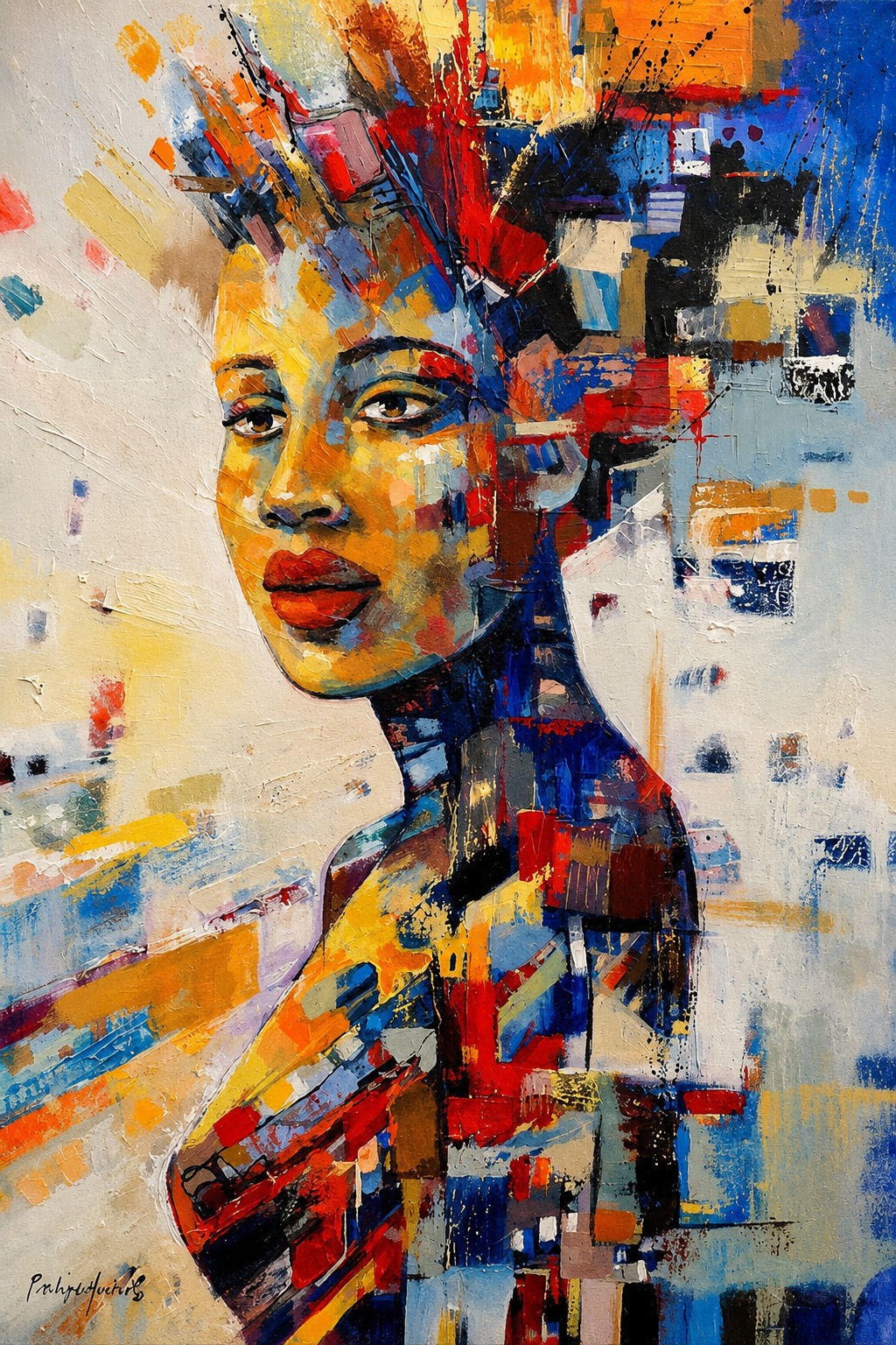 Penelope Hunter original acrylic painting on stretched canvas depicting a woman beneath a vibrant geometric headpiece of blue, orange and red