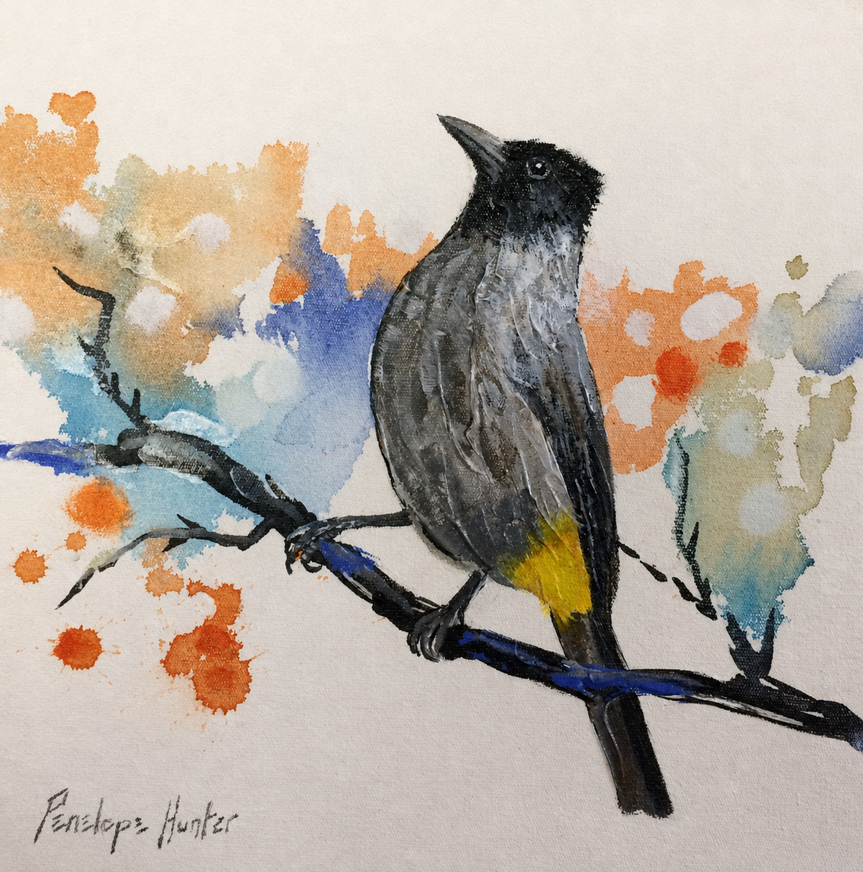 Penelope Hunter original acrylic painting on stretched canvas depicting a dark crested bird perched on a branch amid soft colour washes