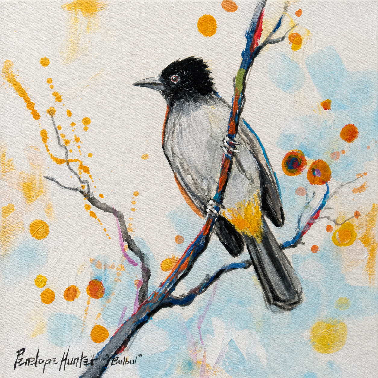 Penelope Hunter original acrylic painting on stretched canvas depicting a black-crested grey bird perched among colourful branches