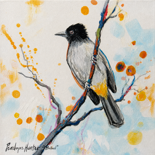 Penelope Hunter original acrylic painting on stretched canvas depicting a black-crested grey bird perched among colourful branches