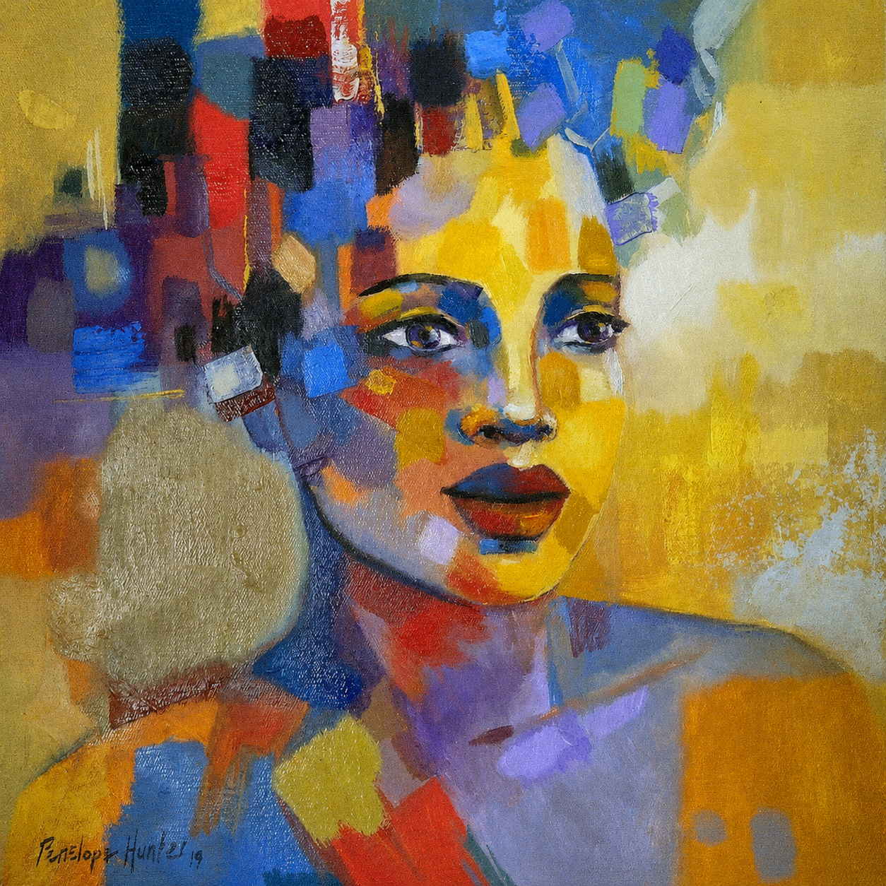 Penelope Hunter original acrylic painting on stretched canvas depicting a woman through bold blocks of yellow, blue, red and violet colour