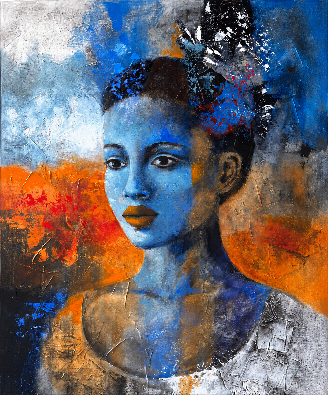 Penelope Hunter original acrylic painting on stretched canvas depicting a stylised portrait of a young woman in blue tones against a richly textured abstract background