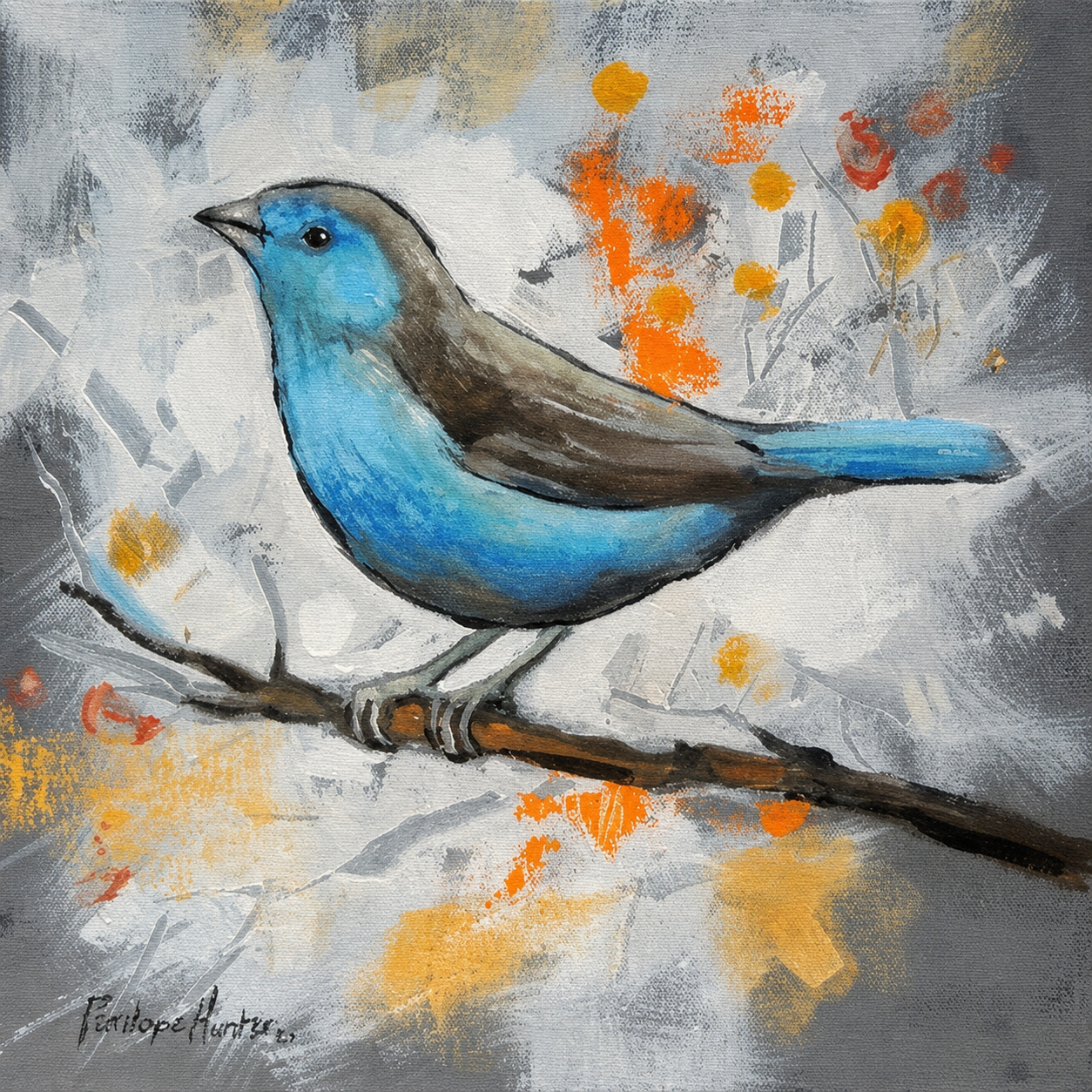 Penelope Hunter original acrylic painting on stretched canvas depicting a vivid blue bird perched on a dark branch