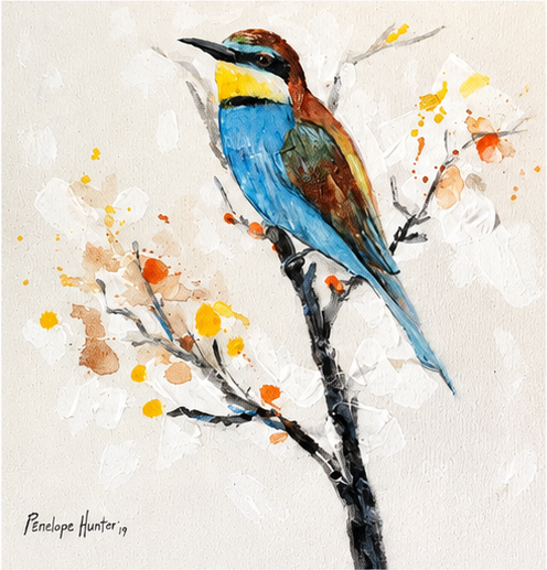 Penelope Hunter original acrylic painting on stretched canvas depicting a colourful blue and brown bee-eater perched on a flowering branch