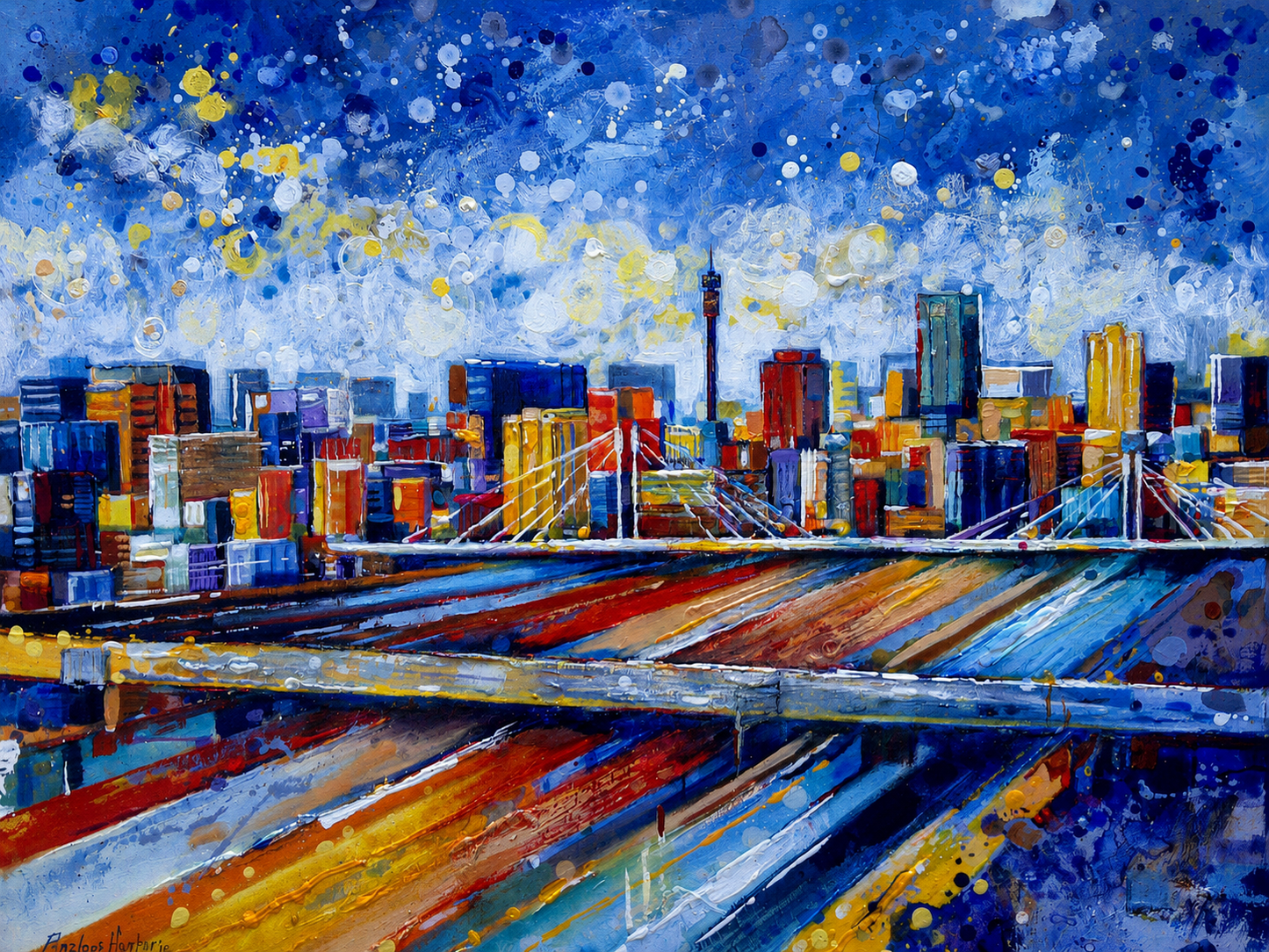 Penelope Hunter original acrylic painting on stretched canvas depicting a colourful blue city skyline beyond sweeping railway lines