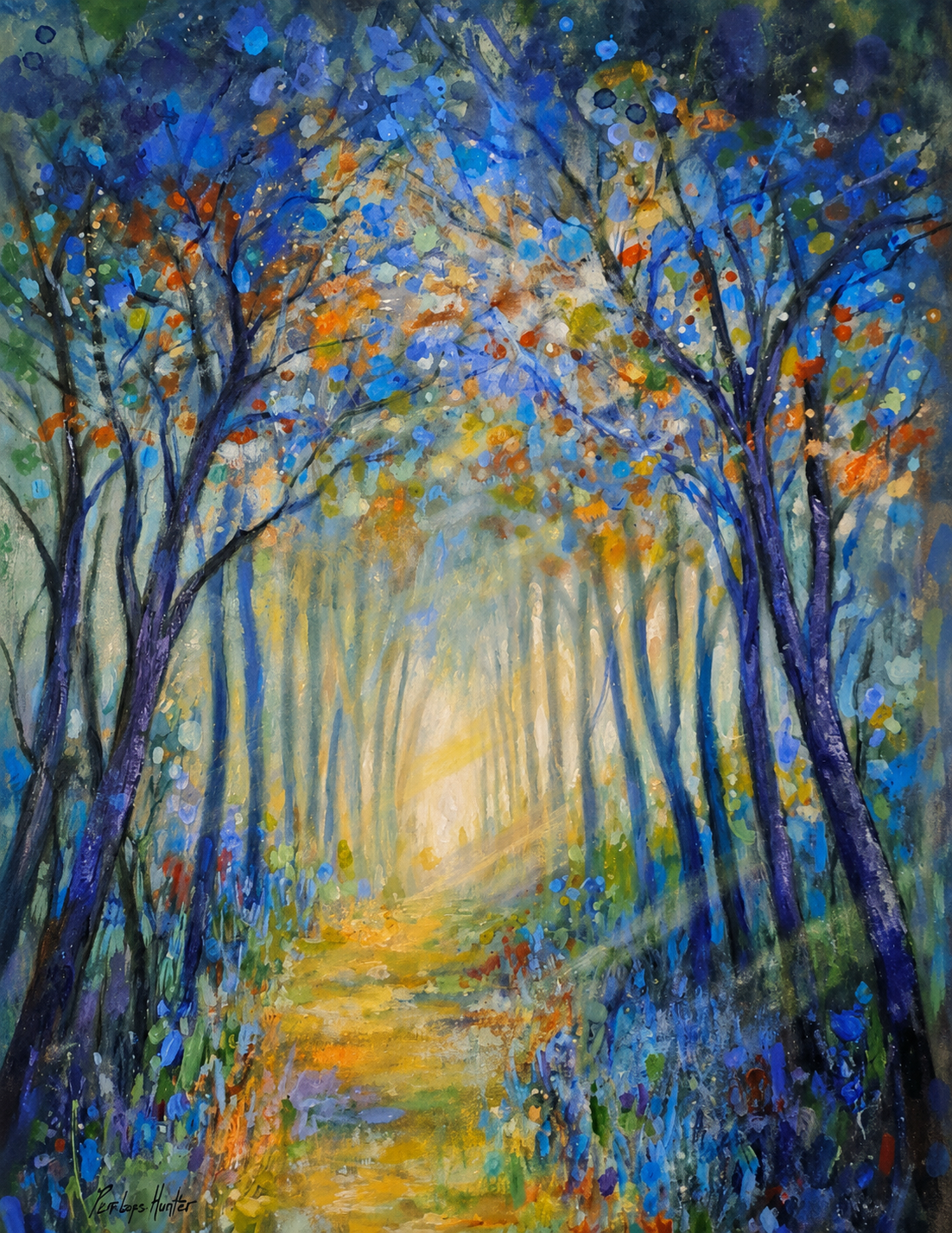 Penelope Hunter original acrylic painting on stretched canvas depicting a glowing woodland path leading through tall blue-toned trees